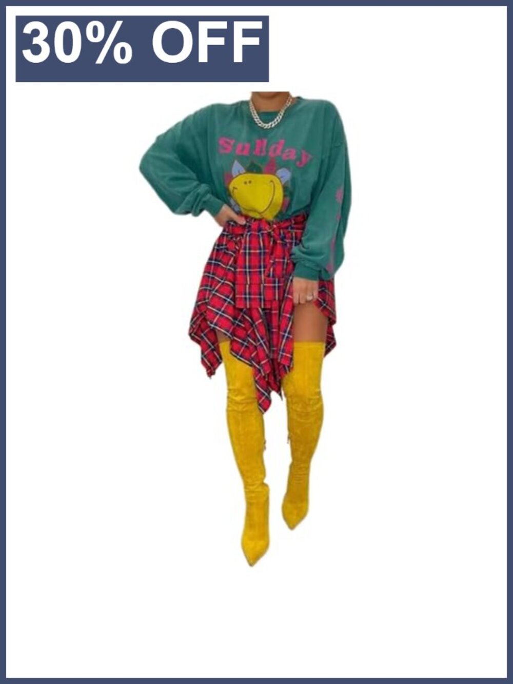 Plaid Asymmetrical Hem High Waist Knot Mini Skirt A-Line